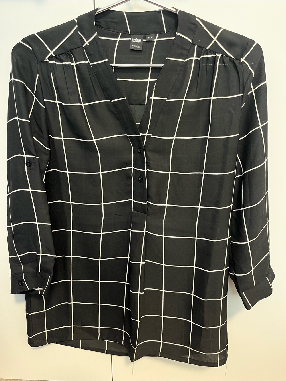 Icone Black & White Windowpane V-Neck Blouse